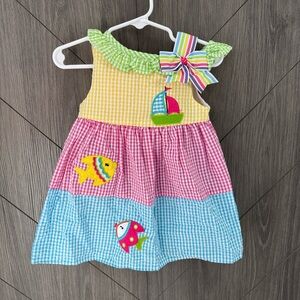 Rare Editions Colorful Gingham Kids Dress with Nautical Appliques
